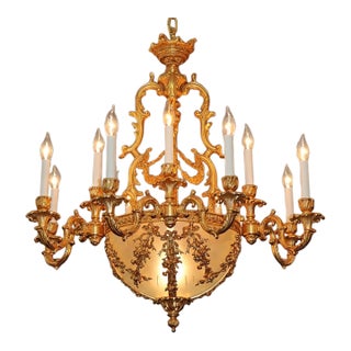1990s Italian Fbai Gold Gilt Bronze & Crystal 12 Light Louis XV Style Chandelier For Sale