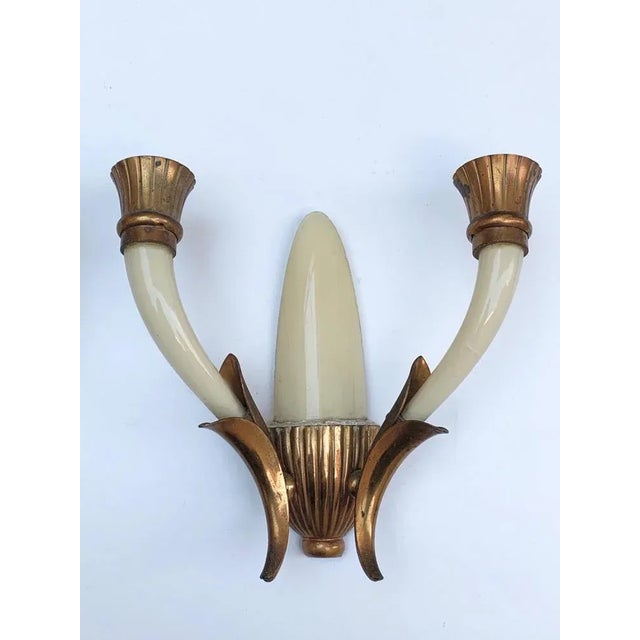 Italian Ivory White Blown Murano Glass & Coppered Brass Sconces, 1940s, Set of 2 For Sale - Image 10 of 18