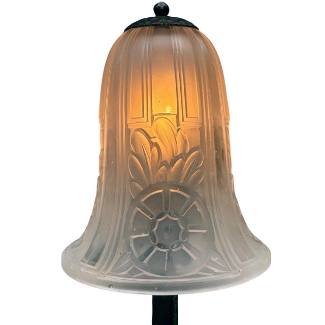 Glass Antique 1920s French Art Deco Accent Lamp Mushroom Shaped With Clear Frosted Glass Shade and Forged Black Iron Base #2659 For Sale - Image 7 of 7