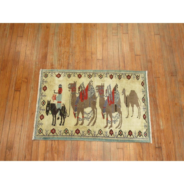 Folk Art Vintage Zabihi Collection Camel Donkey Turkish Pictorial Scatter Size Rug - 2'5" x 3'6" For Sale - Image 3 of 7