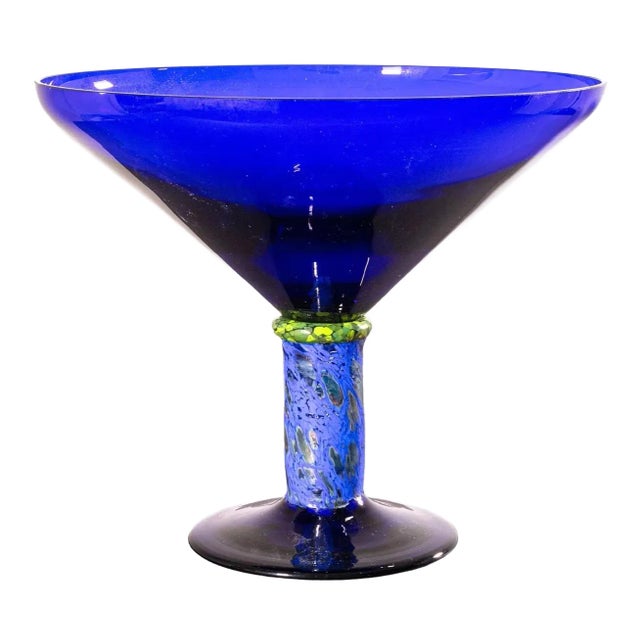 Erwin Eisch Postmodern Hand-Blown Studio Blue Glass Vessel with Pedestal Base For Sale