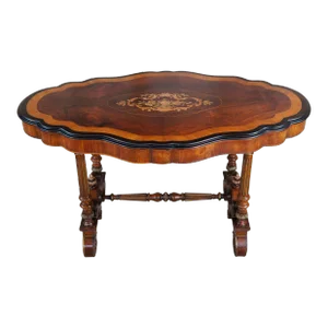 Late 19th Century Antique American Renaissance Revival Serpentine Walnut Marquetry Center Table