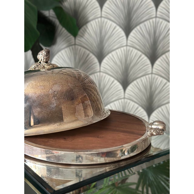 Mid 20th Century Vintage Portugal-Made Silver-Plated & Wood Cheese Board With Dome Cloche by Cazenovia Abroad by Topazio For Sale - Image 5 of 11