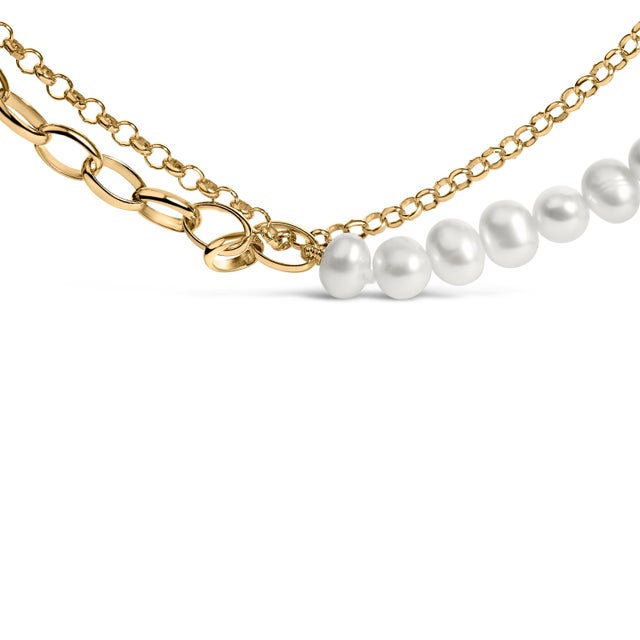 Contemporary 18K Yellow Gold Vermeil Cultured Pearl Strand Necklace with Rolo and Paperclip Chain For Sale - Image 3 of 5