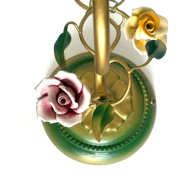 1950s Vintage Italian Metal and Porcelain Rose Wall Lamps from Unbekannt, 1950s, Set of 2 For Sale - Image 5 of 9