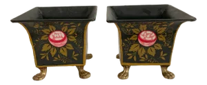 Vintage Italian Style Tole Peinte Jardiniere Footed Cachepot - a Pair