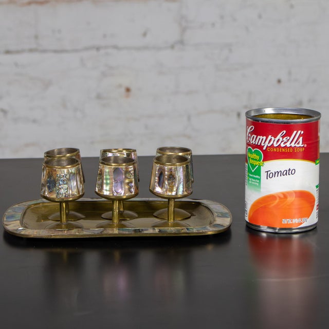 Mid-20th Century MCM 6 Cordial Stemmed Shots and Tray Set Abalone and Brass From Taxco Mexico For Sale - Image 18 of 18