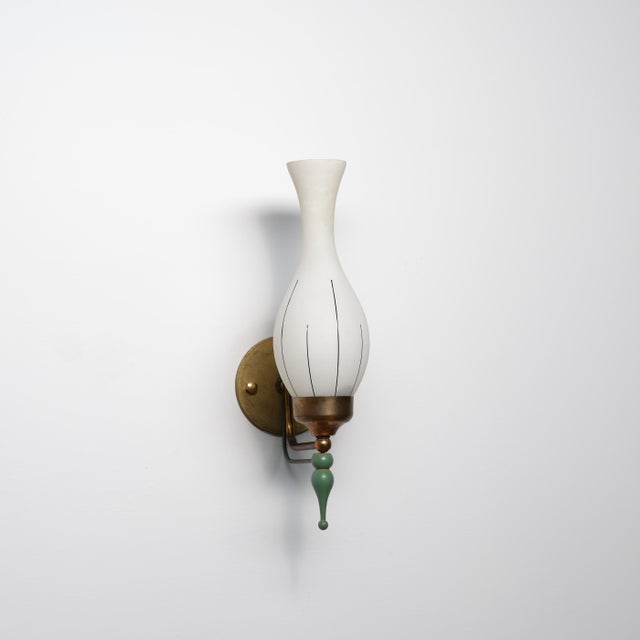 Gold Italian Brass and Green Enamel Wall Sconce with Sculpted Opaline Shade, 1950s For Sale - Image 8 of 11