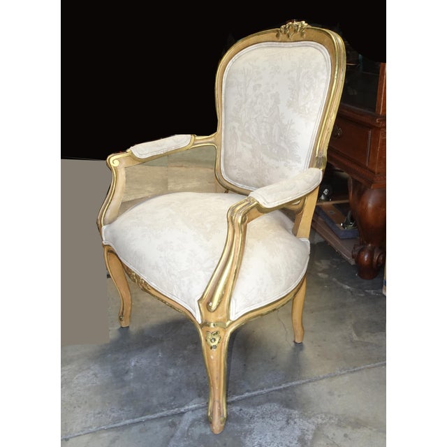 French Vintage French Louis XVI Gold Gilt Off White Arm Chair For Sale - Image 3 of 15