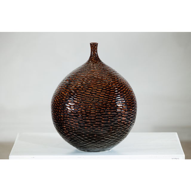 Chocolate Large Artisan Ceramic Vase with Glossy Honeycomb Texture in Deep Brown Tones For Sale - Image 8 of 12