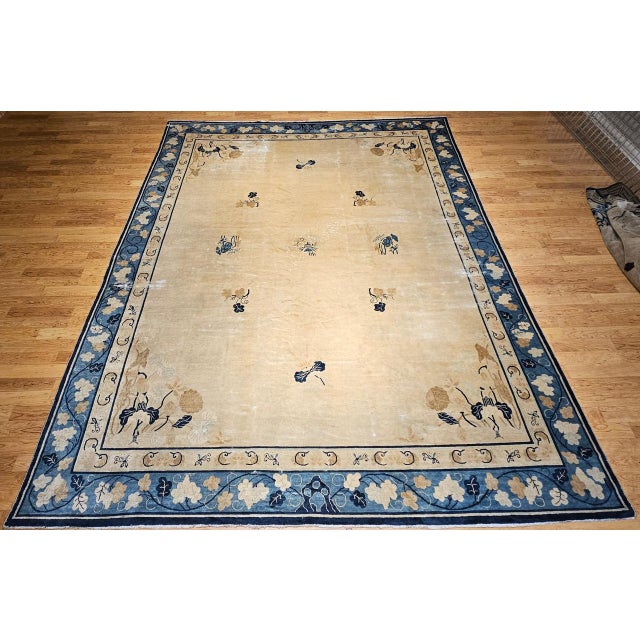 19th Century Antique Chinese Peking Rug, Handwoven Open Pattern, Tan & Blue, 12' X 14' For Sale - Image 16 of 17