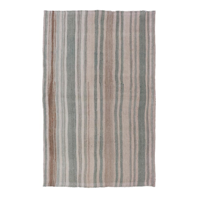Vintage Turkish Kilim Rug With Vertical Pastel Stripes in Sage, Blush, and Sand For Sale