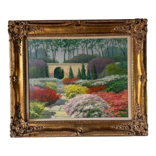1990's Joe Yu Impressionist Garden Entrance Landscape Oil on Canvas Painting – Framed For Sale