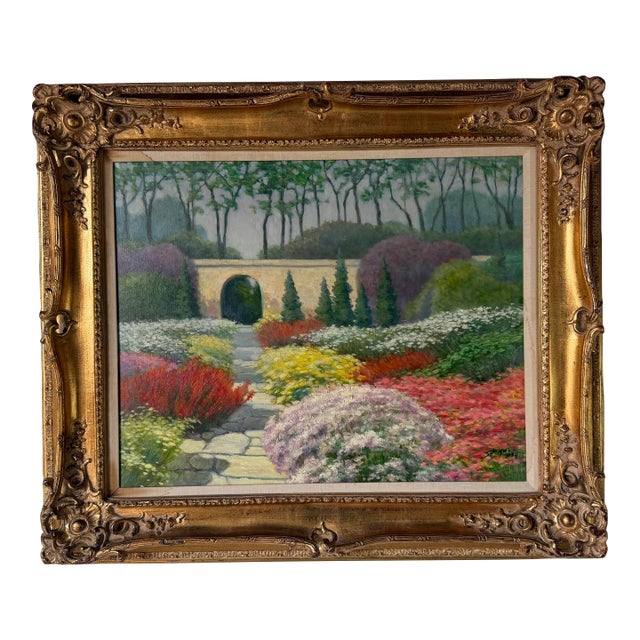 1990's Joe Yu Impressionist Garden Entrance Landscape Oil on Canvas Painting – Framed For Sale