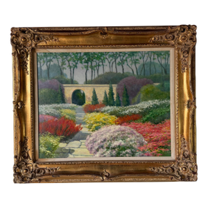 1990's Joe Yu Impressionist Garden Entrance Landscape Oil on Canvas Painting – Framed