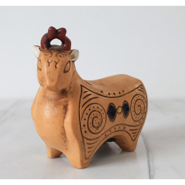 Mexican Vintage Ceramic Folk Art Bull Sculpture Coin Bank For Sale - Image 3 of 9