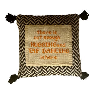 Vintage Boho Chic Americana Needlepoint Black and White Chevron Throw Pillow With Tassels For Sale