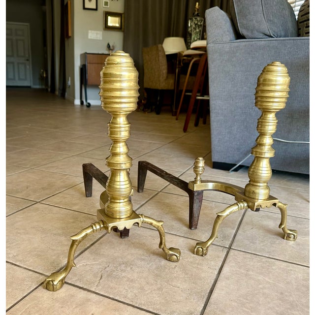 Pair Large Federal Beehive Ball Claw Brass Andirons For Sale - Image 4 of 18