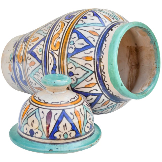 Early 20th Century Handmade Colorful Moroccan Ceramic-Art Lidded Vase For Sale - Image 9 of 12