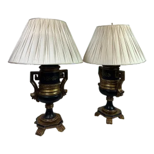 1990s Italian Carved Wooden Footed Lamp With Handles and Hand Painted Motif - a Pair