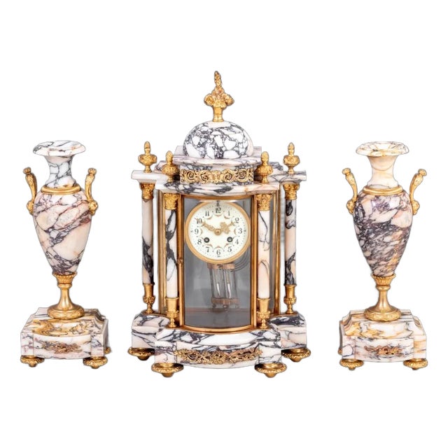 Louis XVI Style Gilt Bronze and Marble Clock Set For Sale