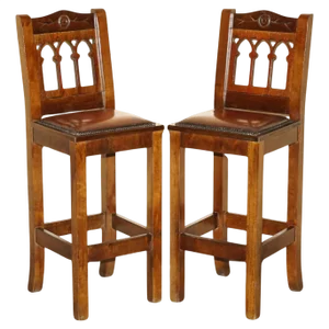 Set of Vintage Arts & Crafts Kitchen Bar Stools in Leather