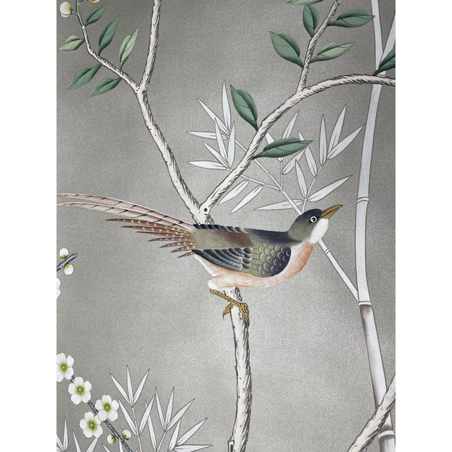 Chinoiserie Chinoiserie Hand‑Painted Wall Panels, Set of 4, Peacock Bird & Blossom Bamboo Mural For Sale - Image 3 of 6
