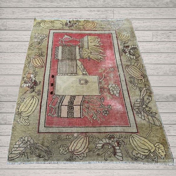 Antique Khotan Rug 4’7” x 6’7” – East Turkestan Wool Rug, Art Deco Style Rug, Stylized Vase & Floral Design, Red Beige...