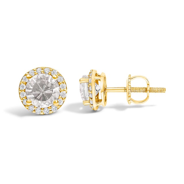 Contemporary 10K Yellow Gold White Topaz and 1/6 Cttw Diamond Halo Stud Earring For Sale - Image 3 of 5