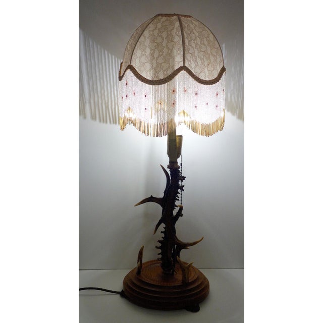 Antique Antler and Beaded Fabric Shade Table Lamp, 1930s/40s, Single Light, 73 Cm High from Unbekannt For Sale - Image 6 of 9