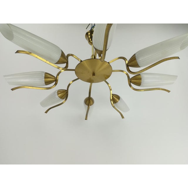 Design classic 6-arm hanging lamp for the living room, in original condition with a beautiful patina Re-electrified...