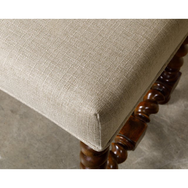French French 19th Century Barley Twist Stool with Finial and Custom Linen Upholstery For Sale - Image 3 of 12