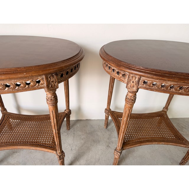 Wood Modern Neoclassical Louis XVI Style Oval Side Tables With Cane Shelves – A Pair For Sale - Image 7 of 15
