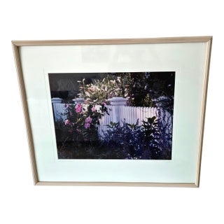 Signed Muren “Pickets & Hibiscus” Vintage Cottage Garden Art | Framed Floral Landscape For Sale