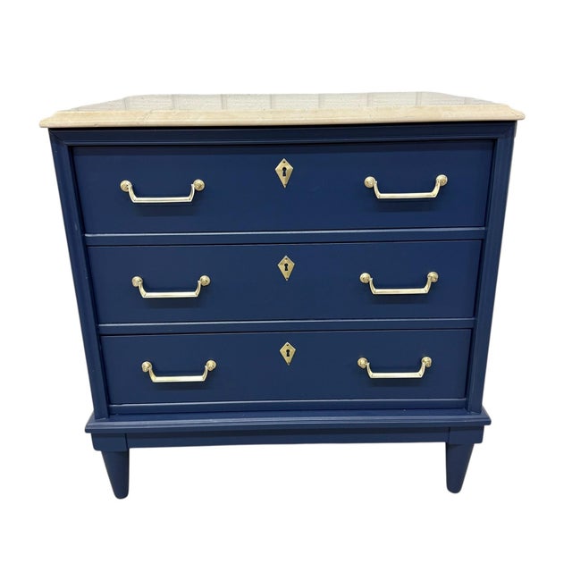 Wood Vintage American of Martinsville Navy Blue Marble Top Nightstands - Set of 2 For Sale - Image 7 of 10