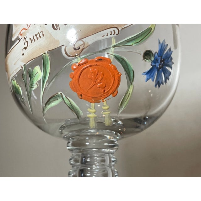 1950s Large Vintage Enameled Blown Clear Glass German Chalice Goblet W/ Wax Seal Wine For Sale - Image 5 of 14