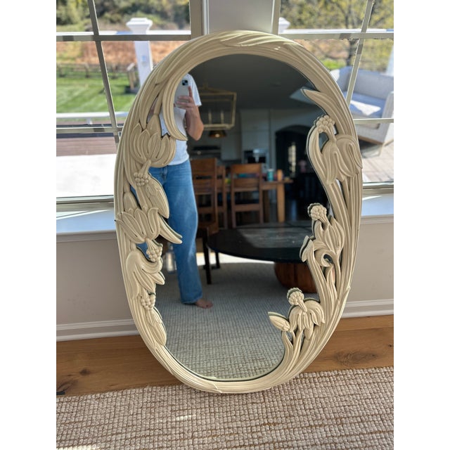 1950s 1950s Hand Carved Floral Mirror, Oval Shaped Wall Decor, 48.5-Inch Tall For Sale - Image 5 of 6