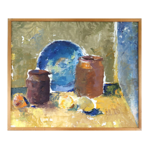 Mid-Century Modern 'Jars & Blue Plate' Vintage Expressive Original Still Life Oil Painting, Framed