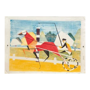 1950’s Original Abstract Cubism Horse Race Colored Lithograph by j.e. Alexander “The Red Trotter”
