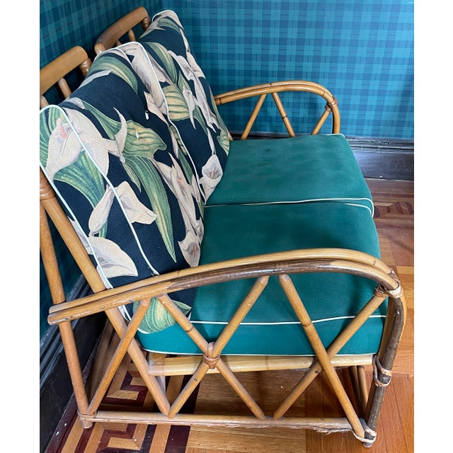 1950's Heywood Wakefield 4 Pc Rattan Bamboo Sofa & Chair Set For Sale - Image 9 of 12