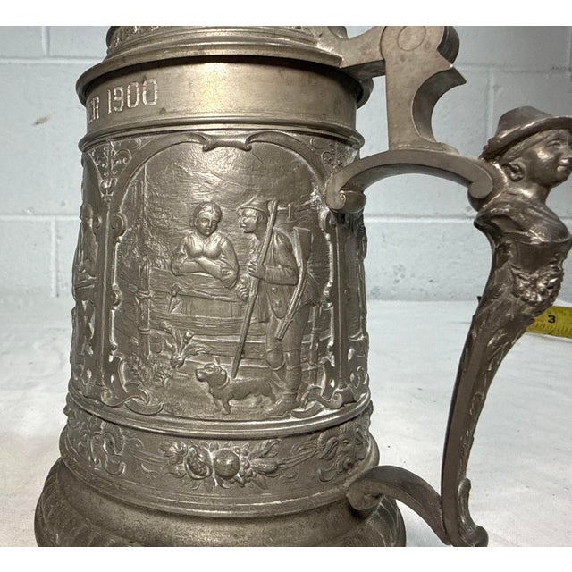 1900 - 1909 Antique Ornate 1900 Figural German Pewter Lidded Engraved Relief Beer Stein Mug For Sale - Image 5 of 15