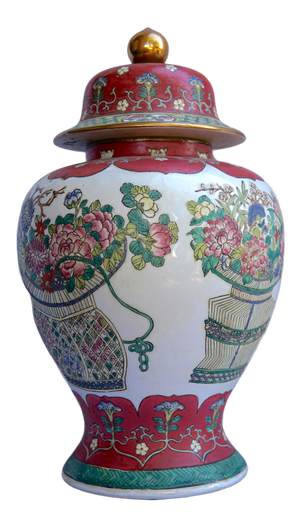 Vintage Fuchsia, White & Green Ginger Jar Vase With Lid