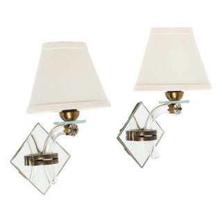 Midcentury French Mirrored Sconces With Blown Glass and Brass Fittings For Sale