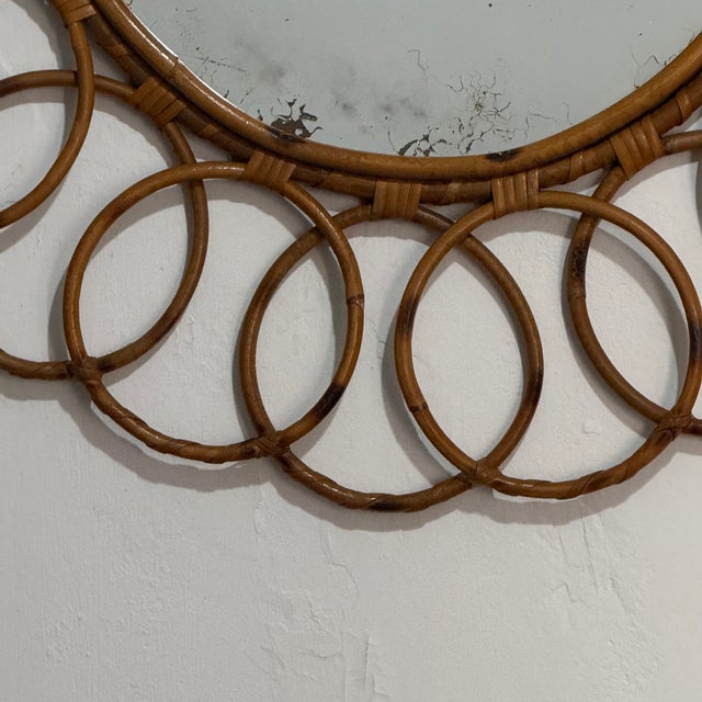 Wood Vintage French Round Rattan Mirror, 1950s For Sale - Image 7 of 9