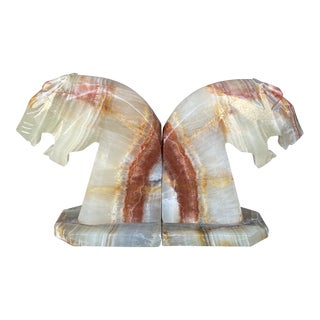 Vintage Cougar Head Onyx Bookends - Set of 2 For Sale