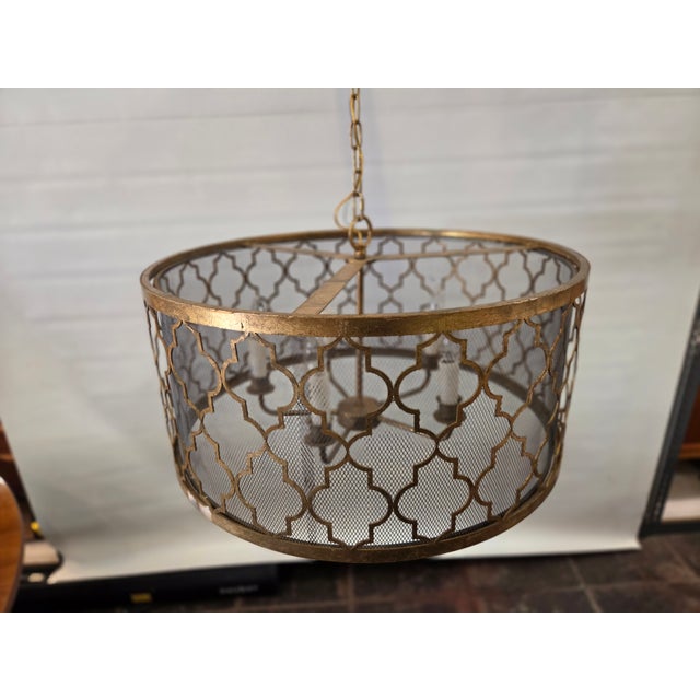 Vintage Drum Trellis Chandlier 5 Light Gold Leaf For Sale - Image 9 of 9