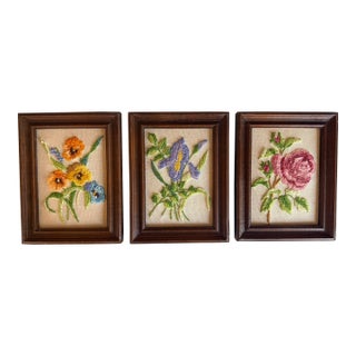Set of 3 Vintage Framed Crewel Embroidery Florals For Sale