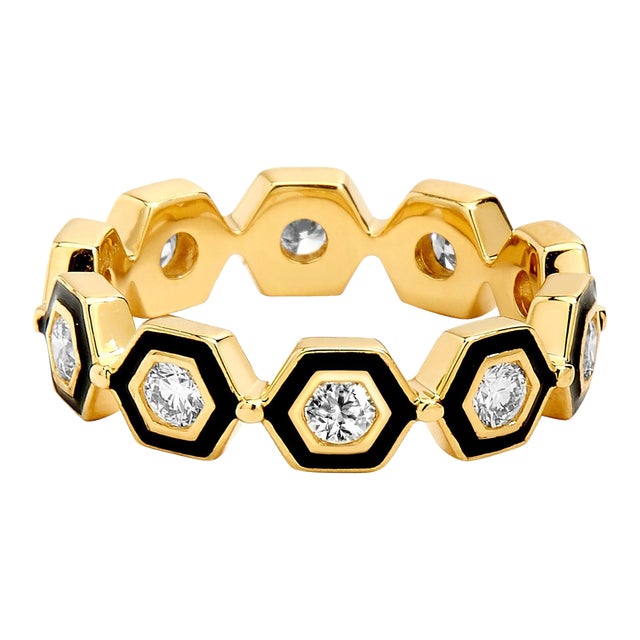 Syna Yellow Gold Black Enamel Ring with Diamonds For Sale