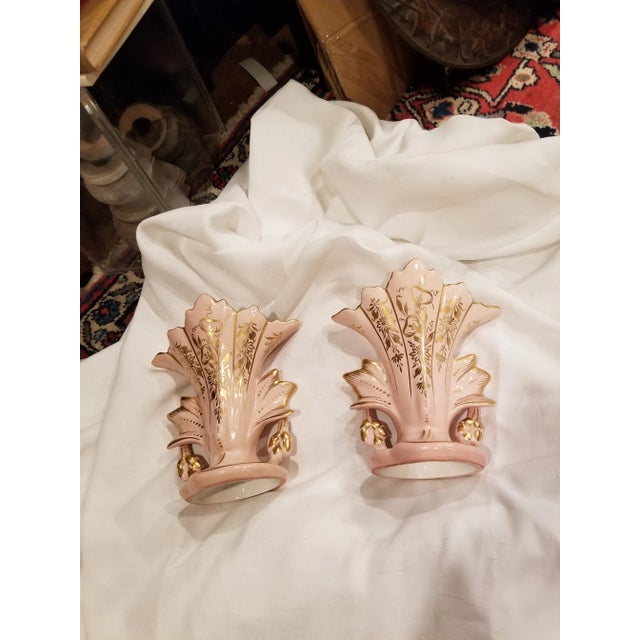 Shabby Chic Pair of Pink and Gold Vases For Sale - Image 3 of 3