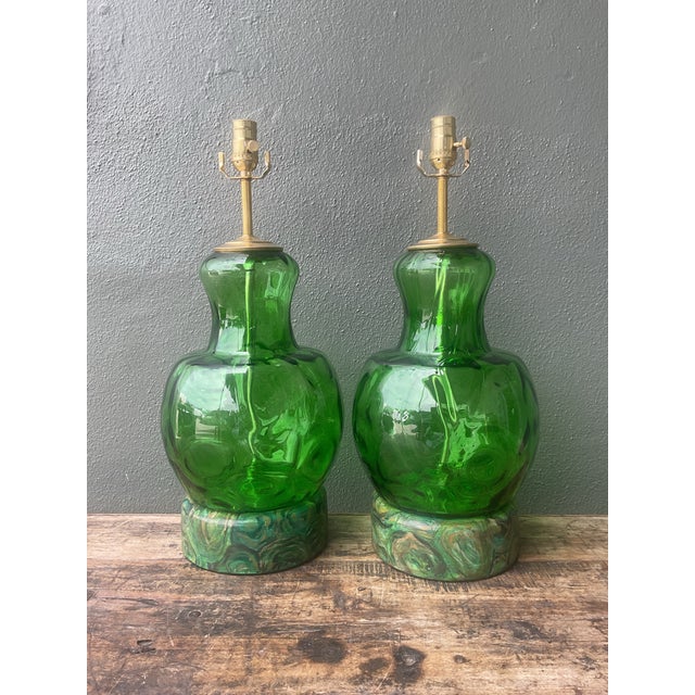 Vintage Hand Painted Malachite Plinth Glass Lamps - A Pair For Sale - Image 9 of 12